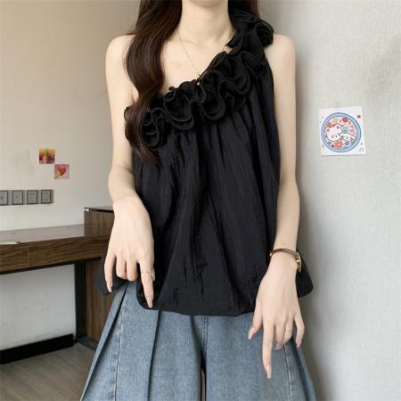 新款度假风法式花朵吊带背心女短款露肩花苞上衣  服裝批發女裝批發服飾貨源