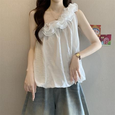 新款度假风法式花朵吊带背心女短款露肩花苞上衣  服裝批發女裝批發服飾貨源