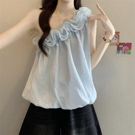 新款度假风法式花朵吊带背心女短款露肩花苞上衣  服裝批發女裝批發服飾貨源