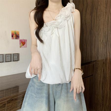 新款度假风法式花朵吊带背心女短款露肩花苞上衣  服裝批發女裝批發服飾貨源