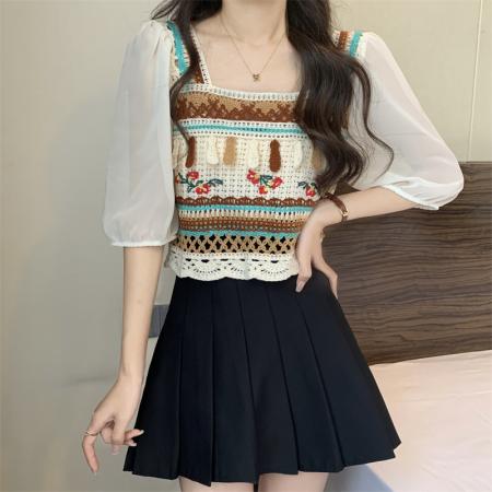 夏季新款民族风设计感小众镂空短款短袖上衣女  服裝批發女裝批發服飾貨源