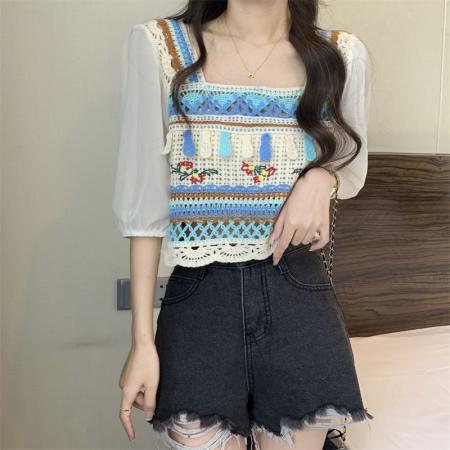 夏季新款民族风设计感小众镂空短款短袖上衣女  服裝批發女裝批發服飾貨源