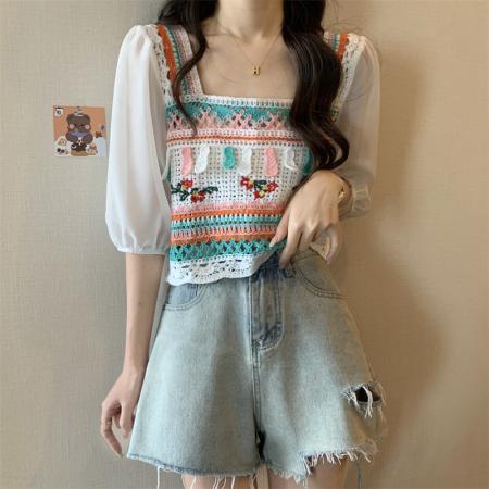 夏季新款民族风设计感小众镂空短款短袖上衣女  服裝批發女裝批發服飾貨源