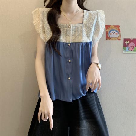 新款法式温柔风蕾丝花边小飞袖方领衬衫女减龄百搭上衣  服裝批發女裝批發服飾貨源