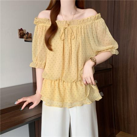 BY17106# 法式减龄一字肩波点雪纺衫夏季胖MM收腰显瘦气质漂亮娃娃衫  服裝批發女裝批發服飾貨源