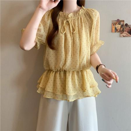 BY17106# 法式减龄一字肩波点雪纺衫夏季胖MM收腰显瘦气质漂亮娃娃衫  服裝批發女裝批發服飾貨源