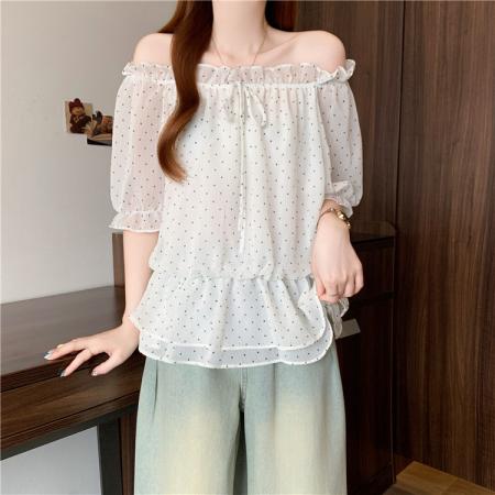 BY17106# 法式减龄一字肩波点雪纺衫夏季胖MM收腰显瘦气质漂亮娃娃衫  服裝批發女裝批發服飾貨源