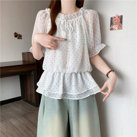 BY17106# 法式减龄一字肩波点雪纺衫夏季胖MM收腰显瘦气质漂亮娃娃衫  服裝批發女裝批發服飾貨源