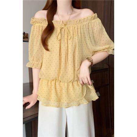 BY17106# 法式减龄一字肩波点雪纺衫夏季胖MM收腰显瘦气质漂亮娃娃衫  服裝批發女裝批發服飾貨源
