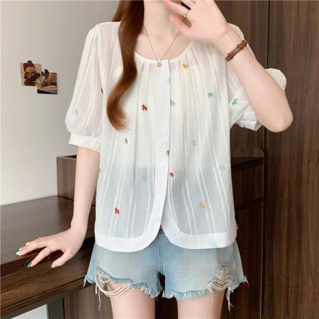 刺绣圆领夏季衬衣新款女气质减龄高级感衬衫  服裝批發女裝批發服飾貨源
