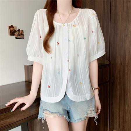 BY17107# 刺绣圆领夏季衬衣新款女气质减龄高级感衬衫  服裝批發女裝批發服飾貨源