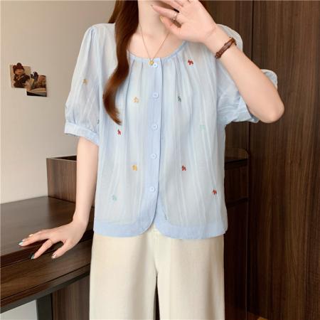 BY17107# 刺绣圆领夏季衬衣新款女气质减龄高级感衬衫  服裝批發女裝批發服飾貨源