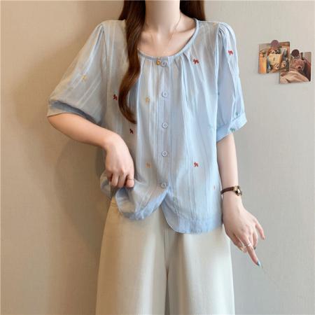 BY17107# 刺绣圆领夏季衬衣新款女气质减龄高级感衬衫  服裝批發女裝批發服飾貨源