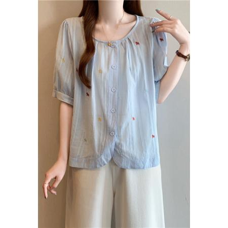 BY17107# 刺绣圆领夏季衬衣新款女气质减龄高级感衬衫  服裝批發女裝批發服飾貨源