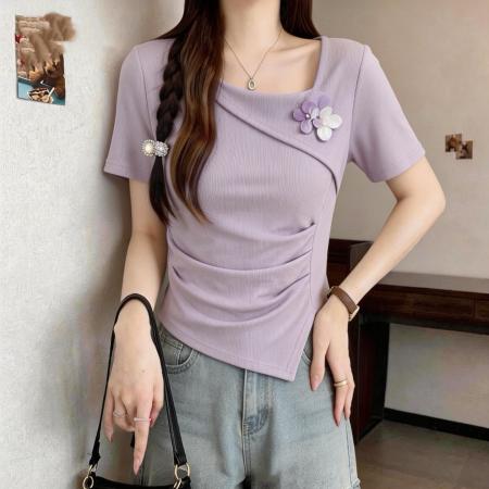 胖mm法式甜美不规则褶皱短袖T恤女夏季独特漂亮显瘦别致上衣  服裝批發女裝批發服飾貨源