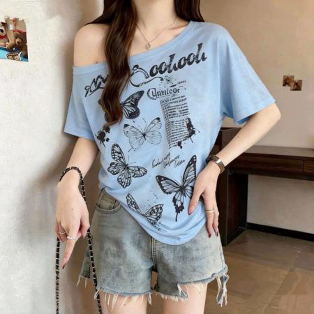 美式蓝色斜肩露肩短袖t恤夏季宽松胖MM纯棉体恤一字肩上衣  服裝批發女裝批發服飾貨源