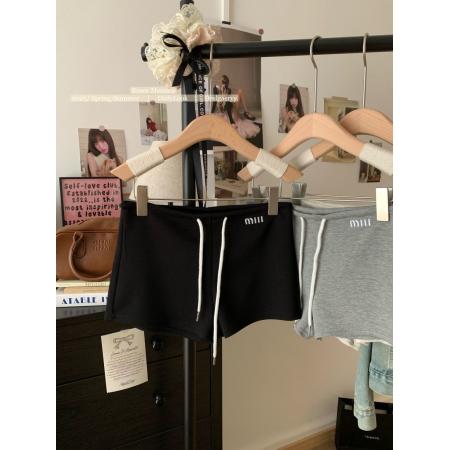 BY17110# 美式辣妹刺绣抽绳运动短裤女夏季小个子外穿显瘦阔腿休闲a字热裤  服裝批發女裝批發服飾貨源