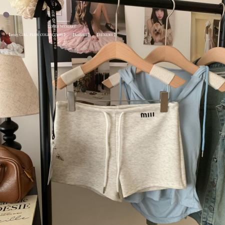 BY17110# 美式辣妹刺绣抽绳运动短裤女夏季小个子外穿显瘦阔腿休闲a字热裤  服裝批發女裝批發服飾貨源