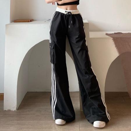 美式三条杠辣妹工装裤女夏季运动裤宽松直筒阔腿裤黑色休闲裤子  服裝批發女裝批發服飾貨源