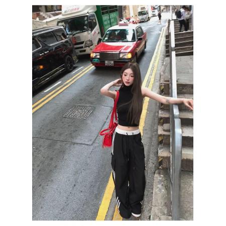 美式三条杠辣妹工装裤女夏季运动裤宽松直筒阔腿裤黑色休闲裤子  服裝批發女裝批發服飾貨源