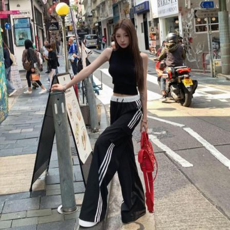 美式三条杠辣妹工装裤女夏季运动裤宽松直筒阔腿裤黑色休闲裤子  服裝批發女裝批發服飾貨源