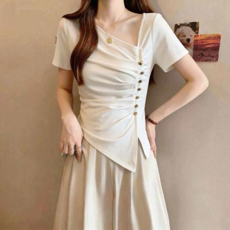 大码不规则短袖设计感小众收腰高级感上衣气质正肩显瘦t恤  服裝批發女裝批發服飾貨源