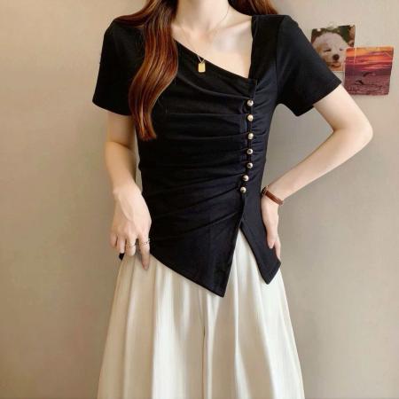 大码不规则短袖设计感小众收腰高级感上衣气质正肩显瘦t恤  服裝批發女裝批發服飾貨源