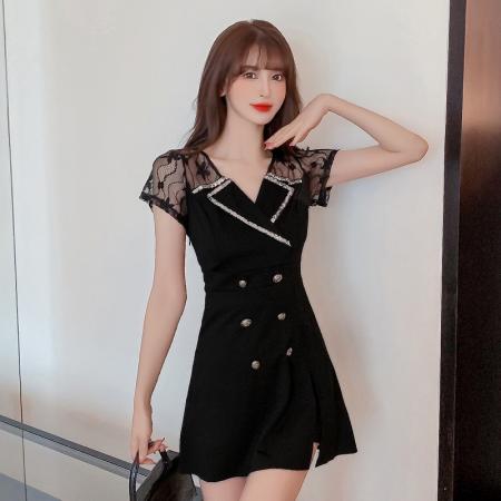 新款少女国风高级感蕾丝拼接连衣裙旗袍修身包臀连衣裙套装  服裝批發女裝批發服飾貨源