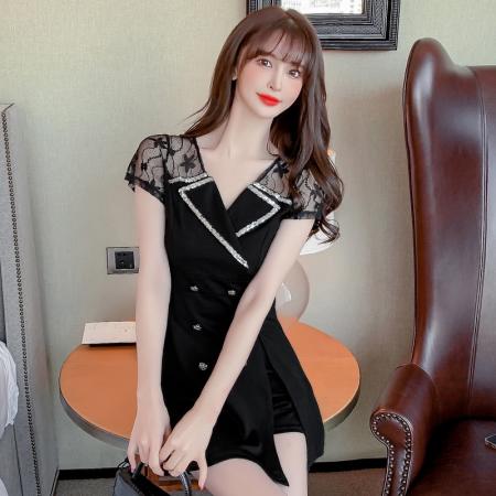 新款少女国风高级感蕾丝拼接连衣裙旗袍修身包臀连衣裙套装  服裝批發女裝批發服飾貨源