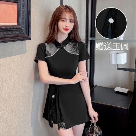 弹力改良旗袍新款温柔年轻款气质高端少女小个子套装  服裝批發女裝批發服飾貨源