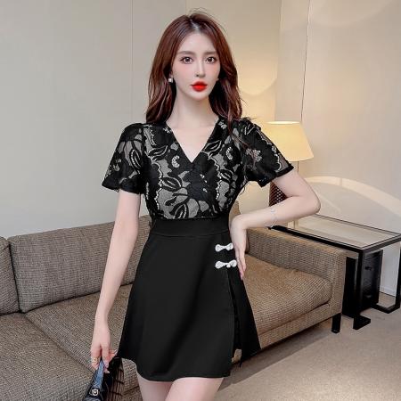 新款少女国风高级感蕾丝拼接连衣裙旗袍修身包臀连衣裙套装  服裝批發女裝批發服飾貨源