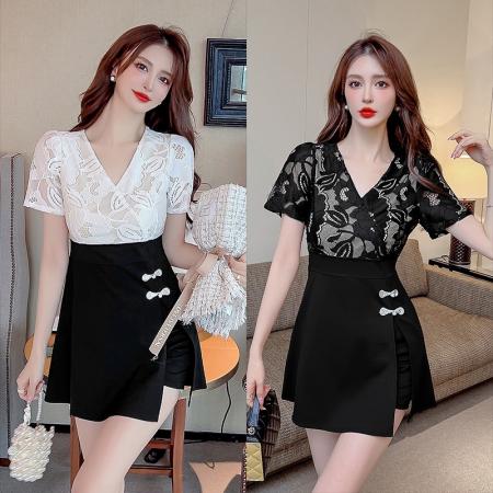 新款少女国风高级感蕾丝拼接连衣裙旗袍修身包臀连衣裙套装  服裝批發女裝批發服飾貨源