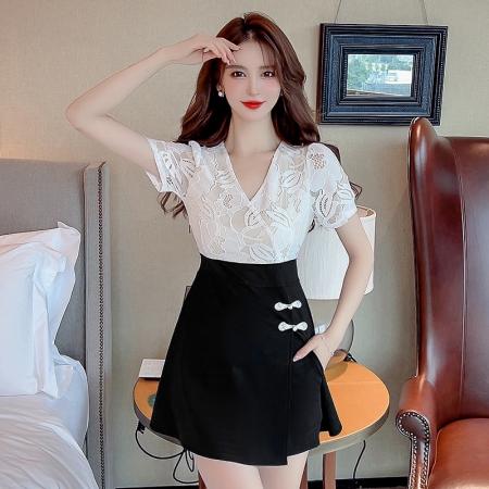 新款少女国风高级感蕾丝拼接连衣裙旗袍修身包臀连衣裙套装  服裝批發女裝批發服飾貨源