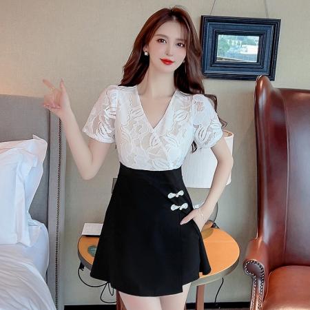 新款少女国风高级感蕾丝拼接连衣裙旗袍修身包臀连衣裙套装  服裝批發女裝批發服飾貨源