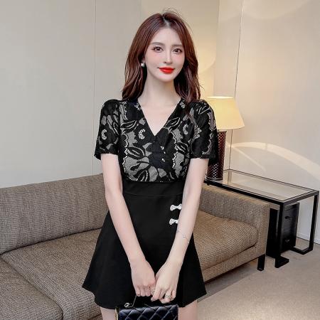 新款少女国风高级感蕾丝拼接连衣裙旗袍修身包臀连衣裙套装  服裝批發女裝批發服飾貨源