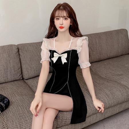 弹力改良旗袍新款温柔年轻款气质高端少女连衣裙套装  服裝批發女裝批發服飾貨源