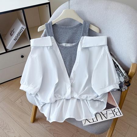 夏季新款法式气质收腰露肩拼接假两件套白色短袖衬衫衬衣上衣  服裝批發女裝批發服飾貨源