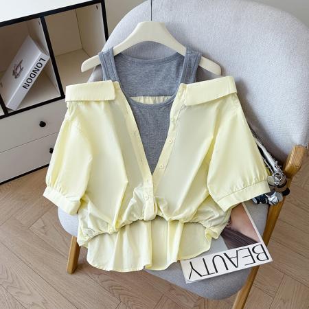 夏季新款法式气质收腰露肩拼接假两件套白色短袖衬衫衬衣上衣  服裝批發女裝批發服飾貨源