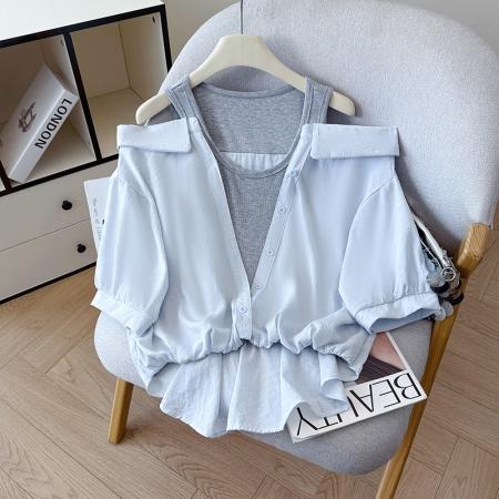 夏季新款法式气质收腰露肩拼接假两件套白色短袖衬衫衬衣上衣  服裝批發女裝批發服飾貨源