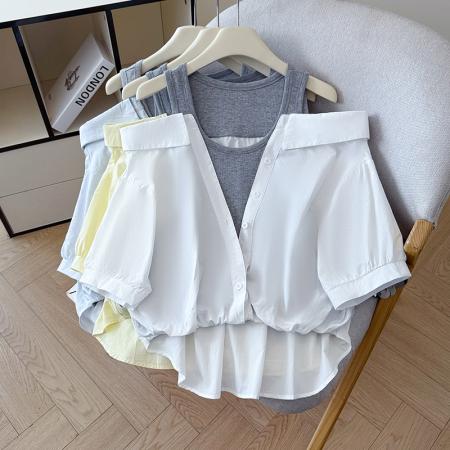 夏季新款法式气质收腰露肩拼接假两件套白色短袖衬衫衬衣上衣  服裝批發女裝批發服飾貨源