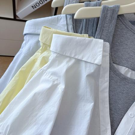 夏季新款法式气质收腰露肩拼接假两件套白色短袖衬衫衬衣上衣  服裝批發女裝批發服飾貨源