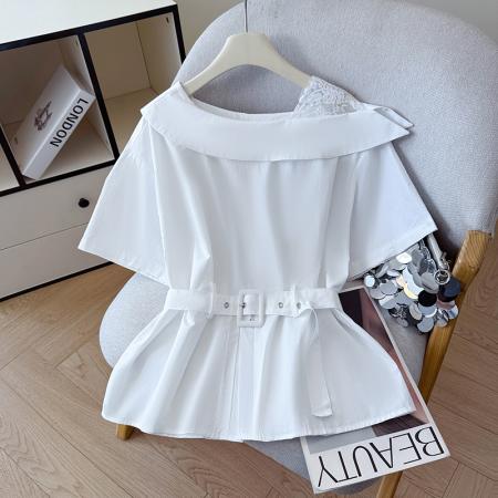 夏季新款设计感白色露肩短袖衬衫女洋气遮肉宽松斜肩上衣收腰显瘦  服裝批發女裝批發服飾貨源