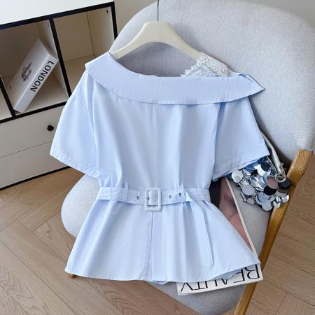 夏季新款设计感白色露肩短袖衬衫女洋气遮肉宽松斜肩上衣收腰显瘦  服裝批發女裝批發服飾貨源