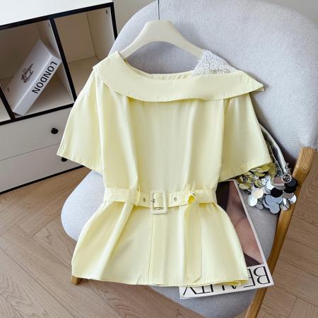 夏季新款设计感白色露肩短袖衬衫女洋气遮肉宽松斜肩上衣收腰显瘦  服裝批發女裝批發服飾貨源