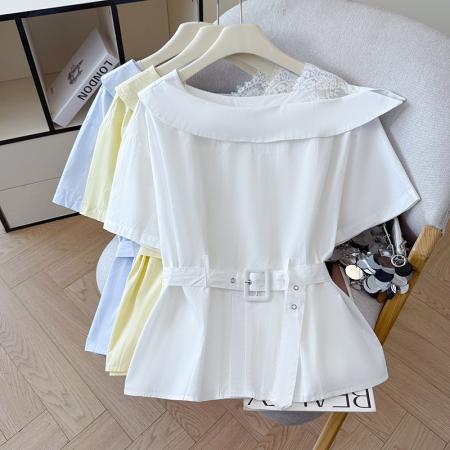 夏季新款设计感白色露肩短袖衬衫女洋气遮肉宽松斜肩上衣收腰显瘦  服裝批發女裝批發服飾貨源