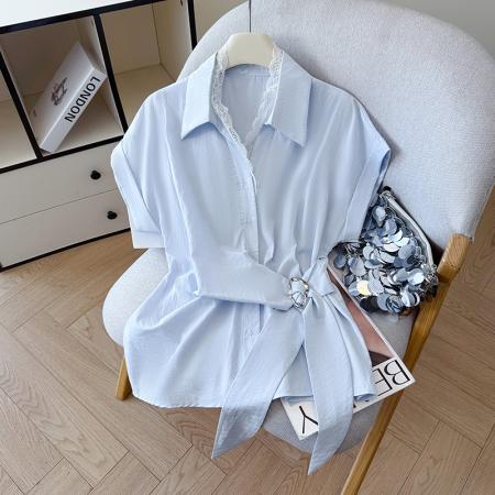 夏季新款设计感蕾丝翻领排扣衬衫百搭韩系风休闲短袖洋气上衣  服裝批發女裝批發服飾貨源