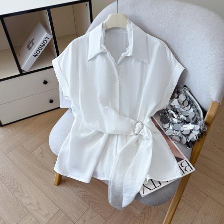 夏季新款设计感蕾丝翻领排扣衬衫百搭韩系风休闲短袖洋气上衣  服裝批發女裝批發服飾貨源