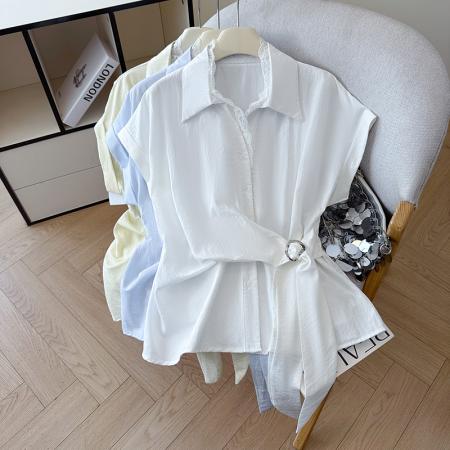 夏季新款设计感蕾丝翻领排扣衬衫百搭韩系风休闲短袖洋气上衣  服裝批發女裝批發服飾貨源