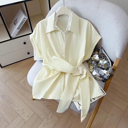 夏季新款设计感蕾丝翻领排扣衬衫百搭韩系风休闲短袖洋气上衣  服裝批發女裝批發服飾貨源