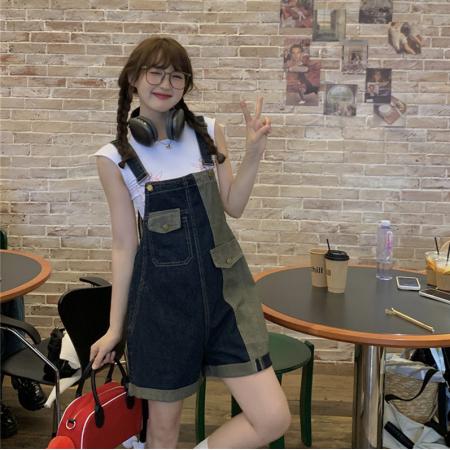 复古卷边牛仔背带短裤女夏季新款洋气减龄百搭显瘦工装连体裤  服裝批發女裝批發服飾貨源